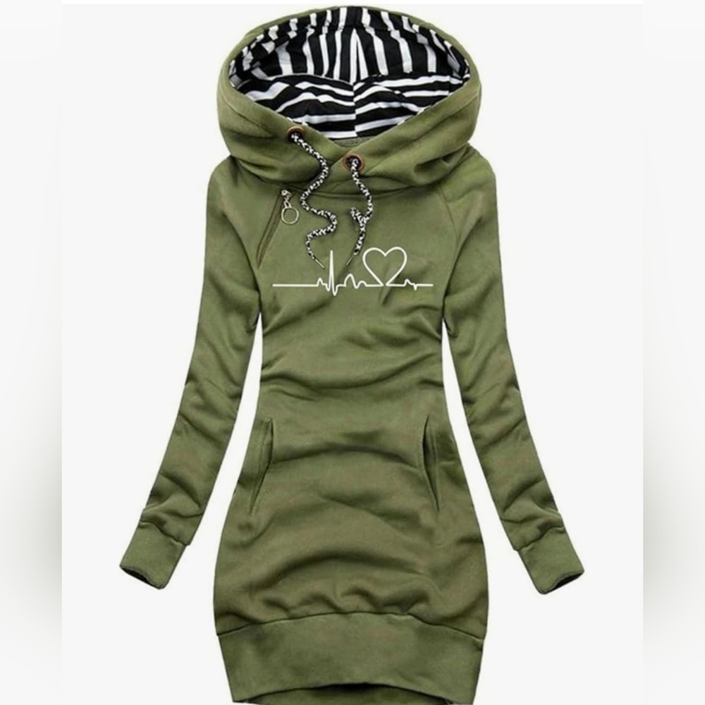 Women’s Army Green Zip-Up Hoodie – Heart Print, Long Sleeve, Slim Fit (Medium)